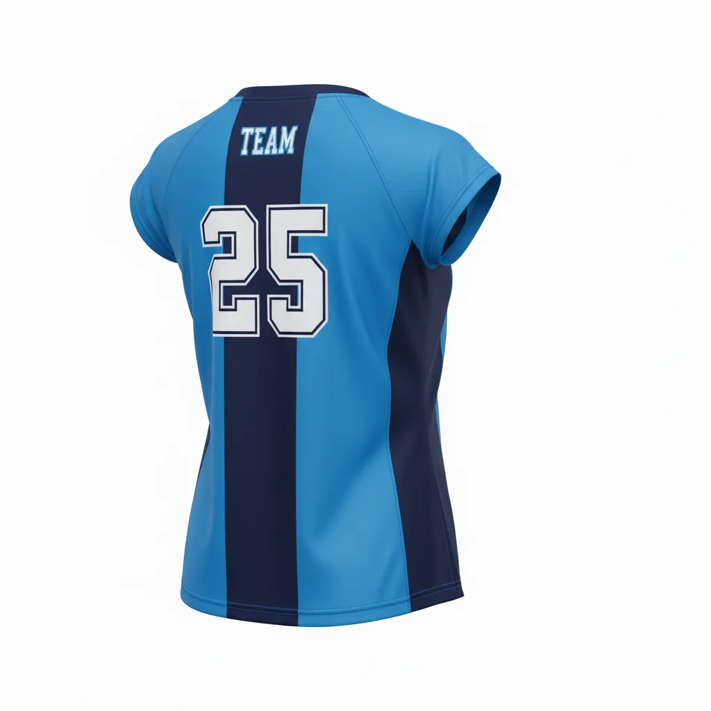 Custom Volleyball Crewneck Cap Sleeve Jersey - Blue, Navy - Crewneck Cap Sleeve Jersey Columbia Color Block - Back View - HAMCO Sports Inc.