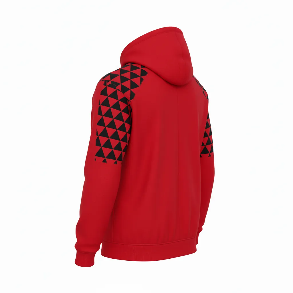 Custom Volleyball Full Zip Hoodie - Red, Black - Full Zip Hoodie Athletic Geometric Triangles - Back View - HAMCO Sports Inc.