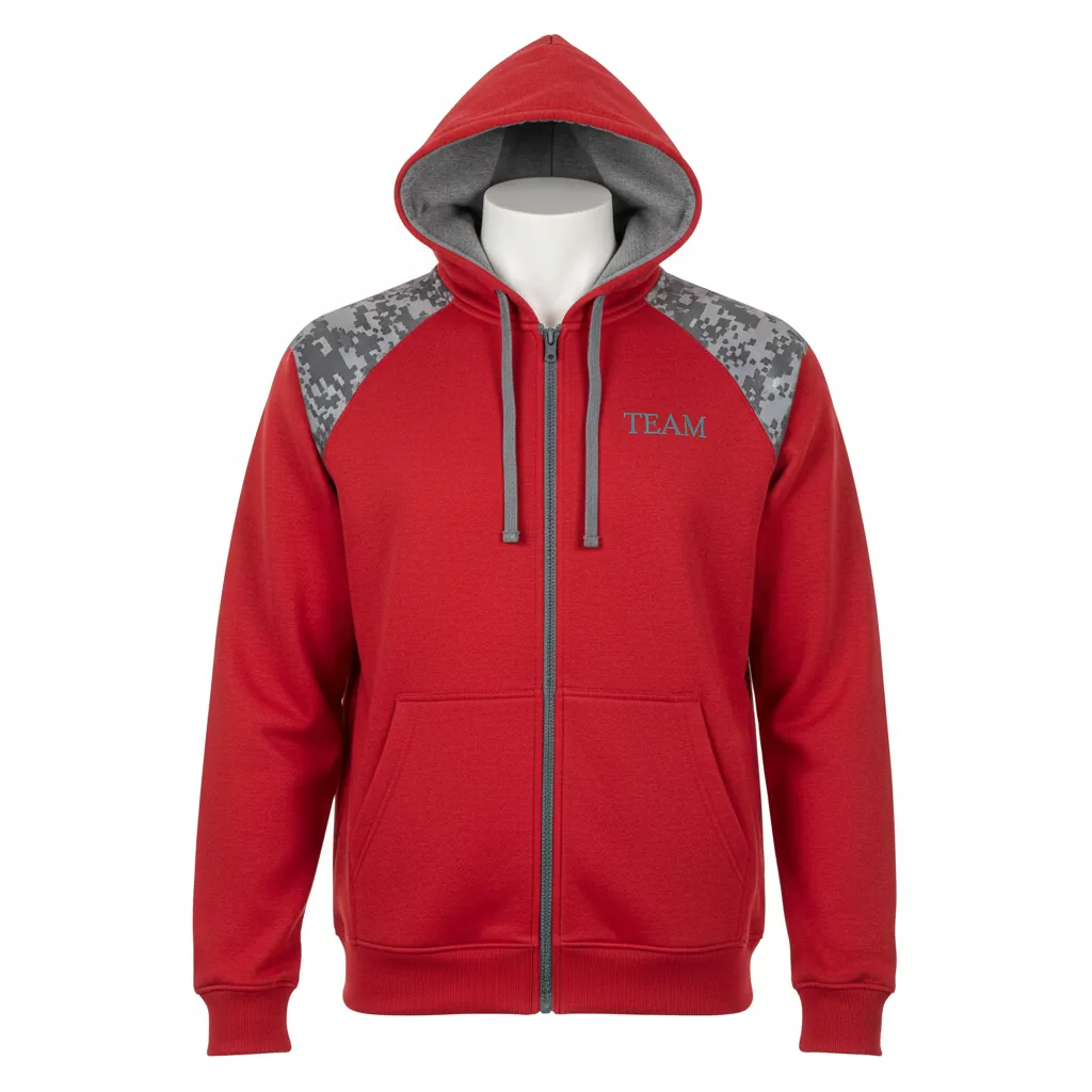 Custom Volleyball Full Zip Hoodie - Red, Grey - Full Zip Hoodie Athletic Camo Pattern - Front View - HAMCO Sports Inc.
