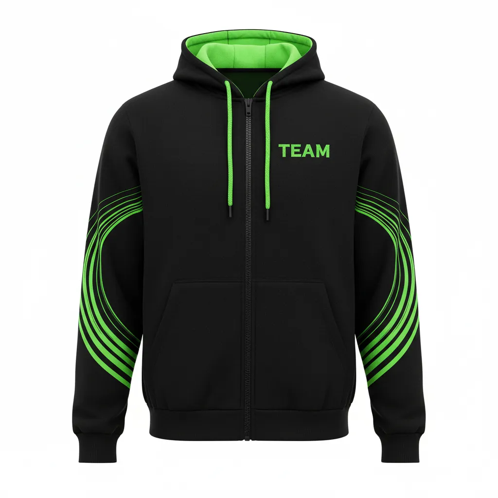 Custom Volleyball Full Zip Hoodie - Black, Green - Full Zip Hoodie Neon Wave Pattern - Front View - HAMCO Sports Inc.