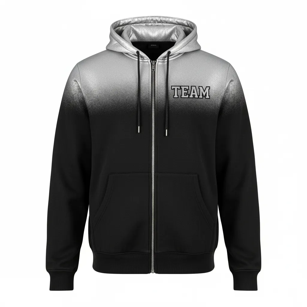 Custom Volleyball Full Zip Hoodie - Black, Silver - Full Zip Hoodie Metallic Fade - Front View - HAMCO Sports Inc.
