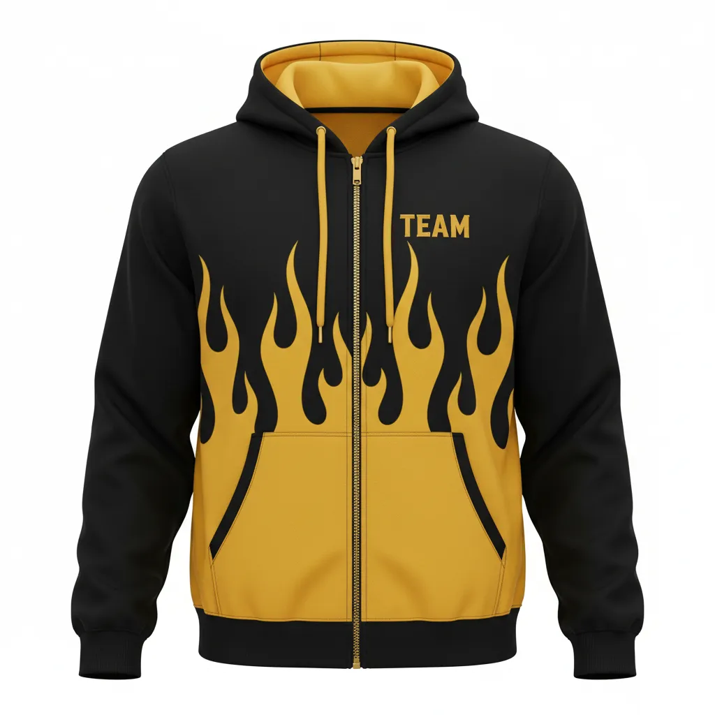 Custom Volleyball Full Zip Hoodie - Black, Gold - Full Zip Hoodie Vegas Flame Design - Front View - HAMCO Sports Inc.