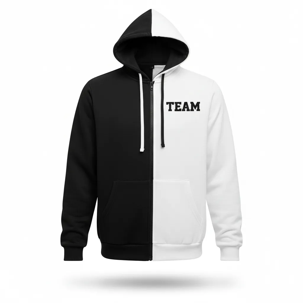 Custom Volleyball Full Zip Hoodie - Black, White - Full Zip Hoodie Half And Half - Front View - HAMCO Sports Inc.