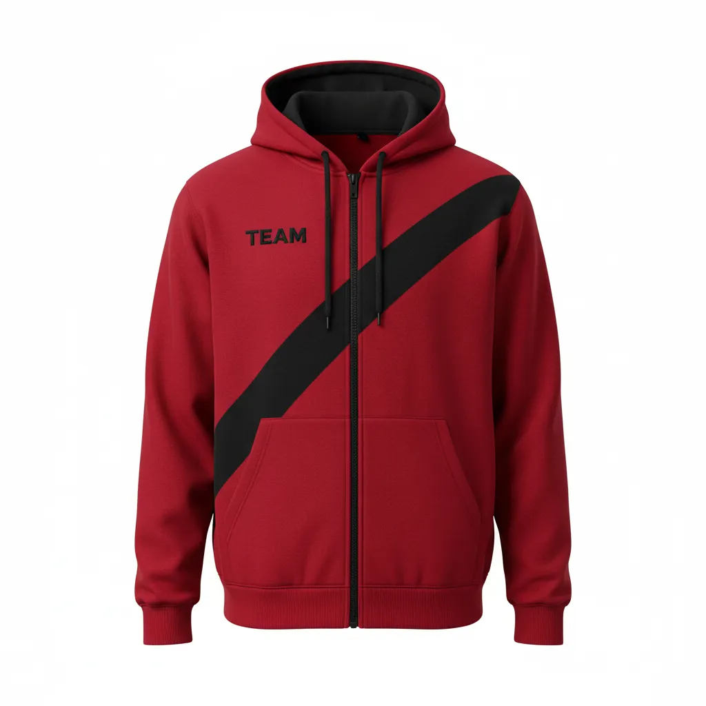 Custom Volleyball Full Zip Hoodie - Red, Black - Full Zip Hoodie Cardinal Slash Design - Front View - HAMCO Sports Inc.