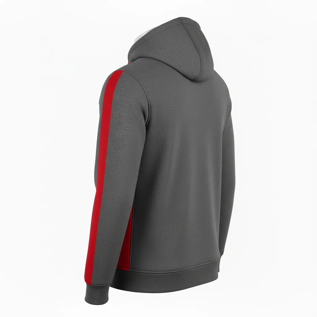 Custom Volleyball Full Zip Hoodie - Grey, Red - Full Zip Hoodie Charcoal Athletic Side Stripe - Back View - HAMCO Sports Inc.