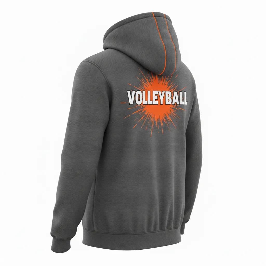 Custom Volleyball Full Zip Hoodie - Grey, Orange - Full Zip Hoodie Charcoal Neon Burst - Back View - HAMCO Sports Inc.