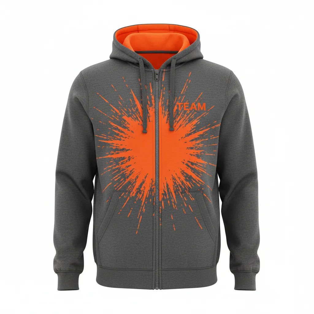 Custom Volleyball Full Zip Hoodie - Grey, Orange - Full Zip Hoodie Charcoal Neon Burst - Front View - HAMCO Sports Inc.