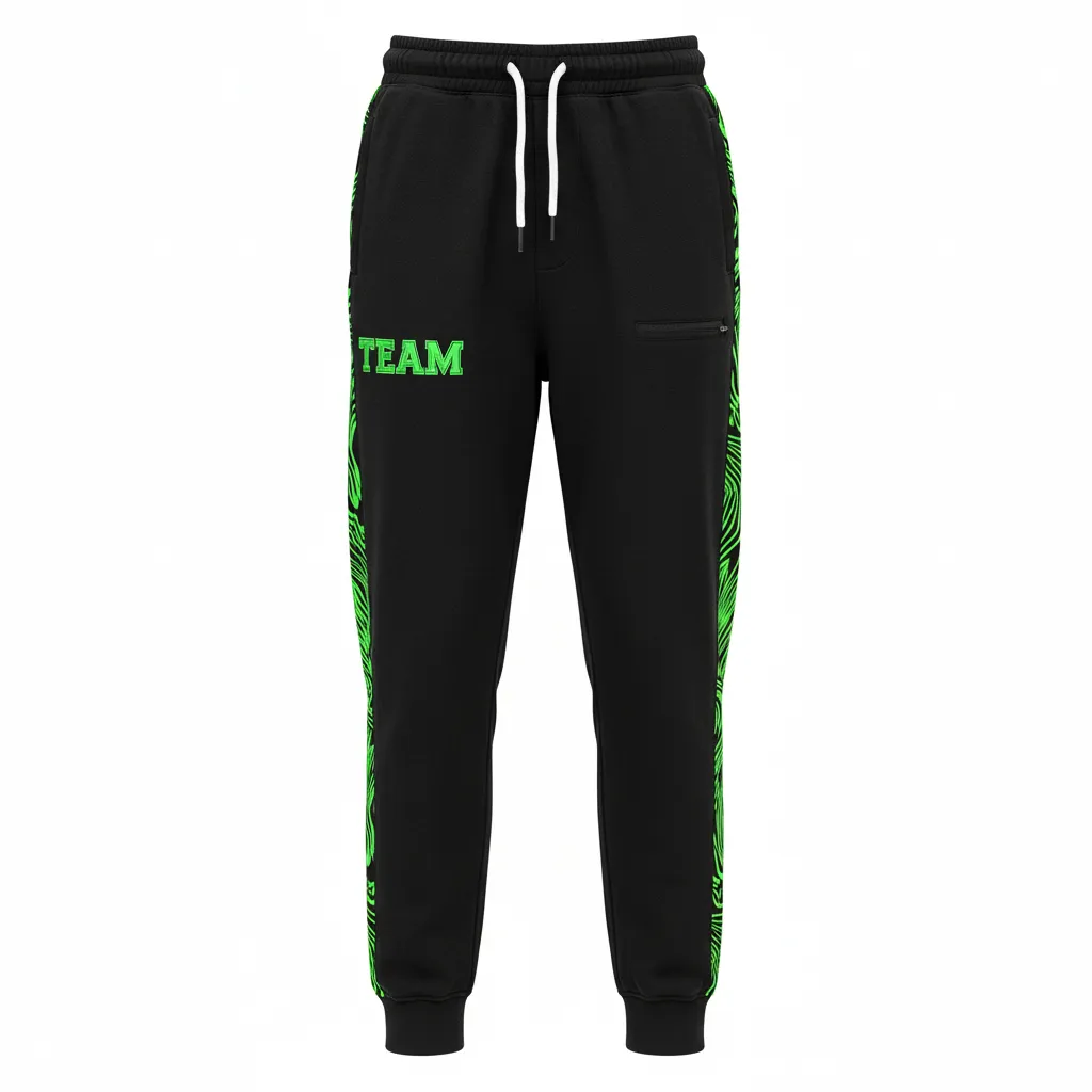 Custom Volleyball Jogger Pant - Black, Green - Joggers Neon Wave Pattern - Front View - HAMCO Sports Inc.