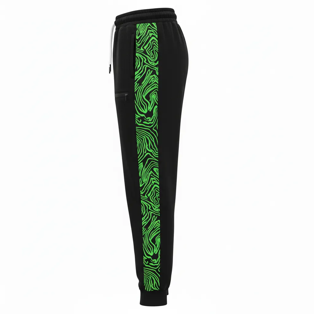 Custom Volleyball Jogger Pant - Black, Green - Joggers Neon Wave Pattern - Side View - HAMCO Sports Inc.