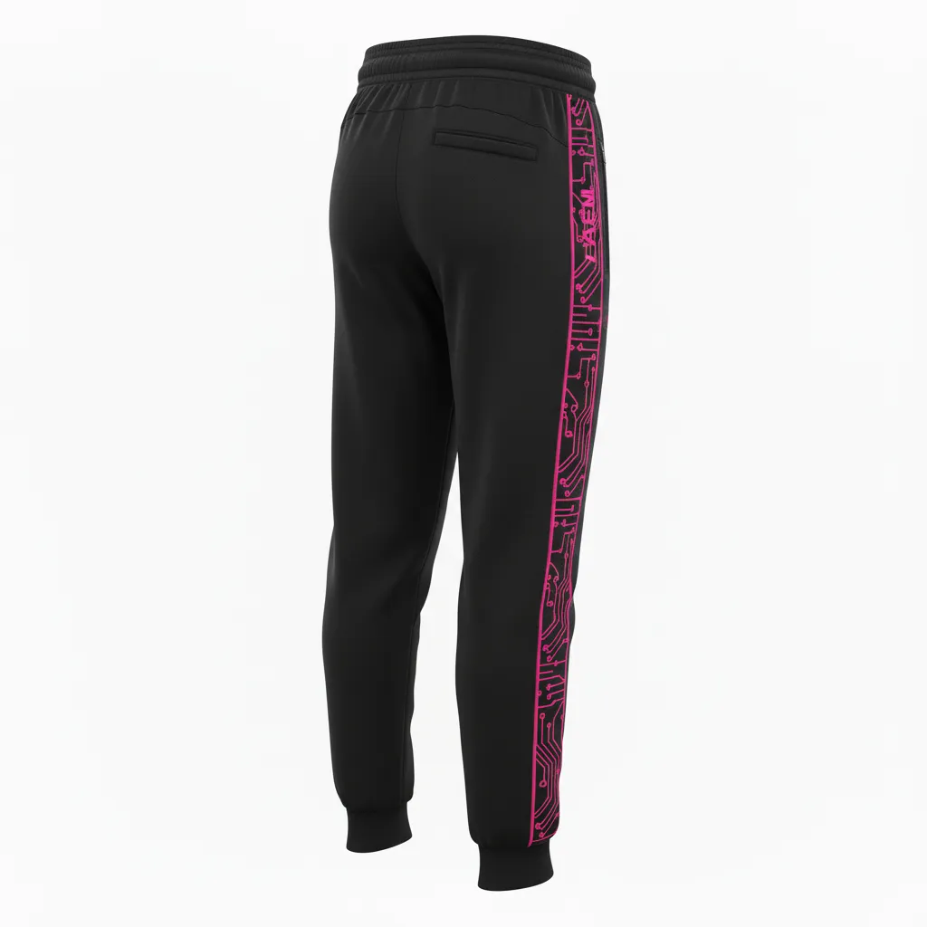 Custom Volleyball Jogger Pant - Black - Joggers Neon Pink Circuit Pattern - Back View - HAMCO Sports Inc.