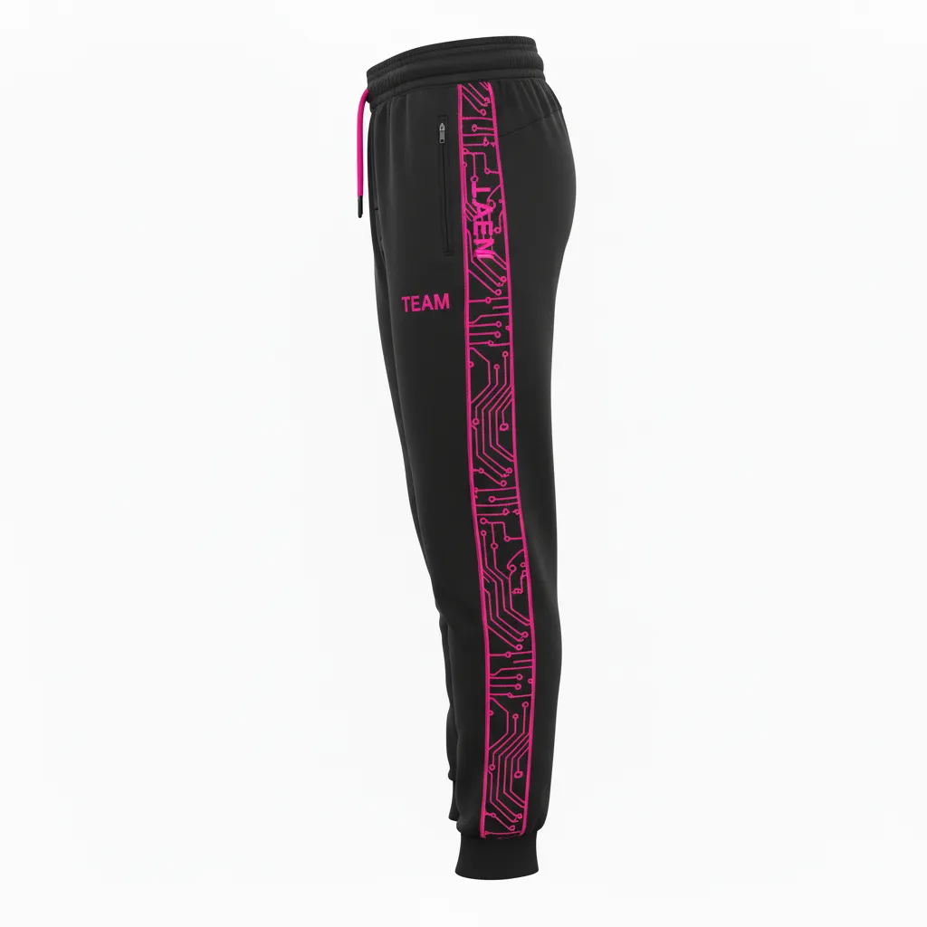 Custom Volleyball Jogger Pant - Black - Joggers Neon Pink Circuit Pattern - Side View - HAMCO Sports Inc.