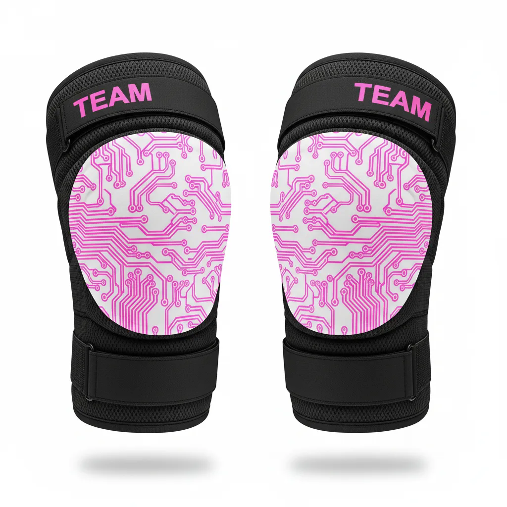 Custom Volleyball Knee Pads - Black - Knee Pads Neon Pink Circuit Pattern - Front View - HAMCO Sports Inc.