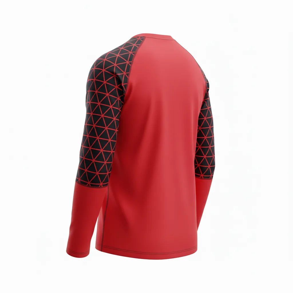 Custom Volleyball Long Sleeve T Shirt - Red, Black - Long Sleeve Training Tee Athletic Geometric Triangles - Back View - HAMCO Sports Inc.