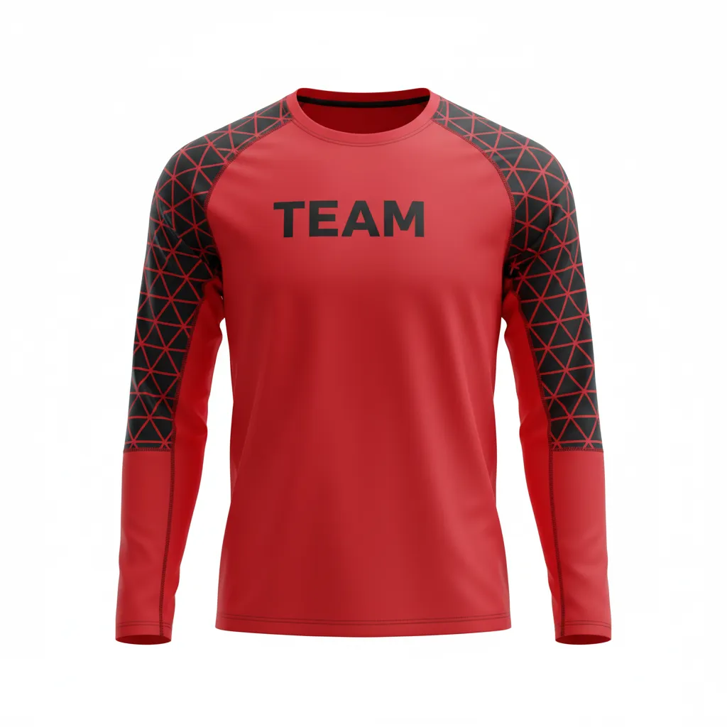 Custom Volleyball Long Sleeve T Shirt - Red, Black - Long Sleeve Training Tee Athletic Geometric Triangles - Front View - HAMCO Sports Inc.
