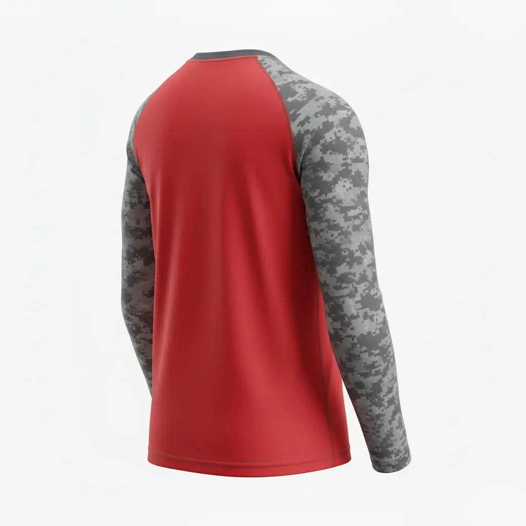 Custom Volleyball Long Sleeve T Shirt - Red, Grey - Long Sleeve Training Tee Athletic Camo Pattern - Back View - HAMCO Sports Inc.