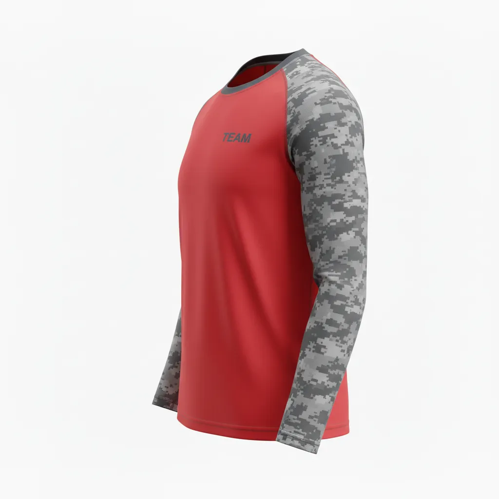 Custom Volleyball Long Sleeve T Shirt - Red, Grey - Long Sleeve Training Tee Athletic Camo Pattern - Side View - HAMCO Sports Inc.