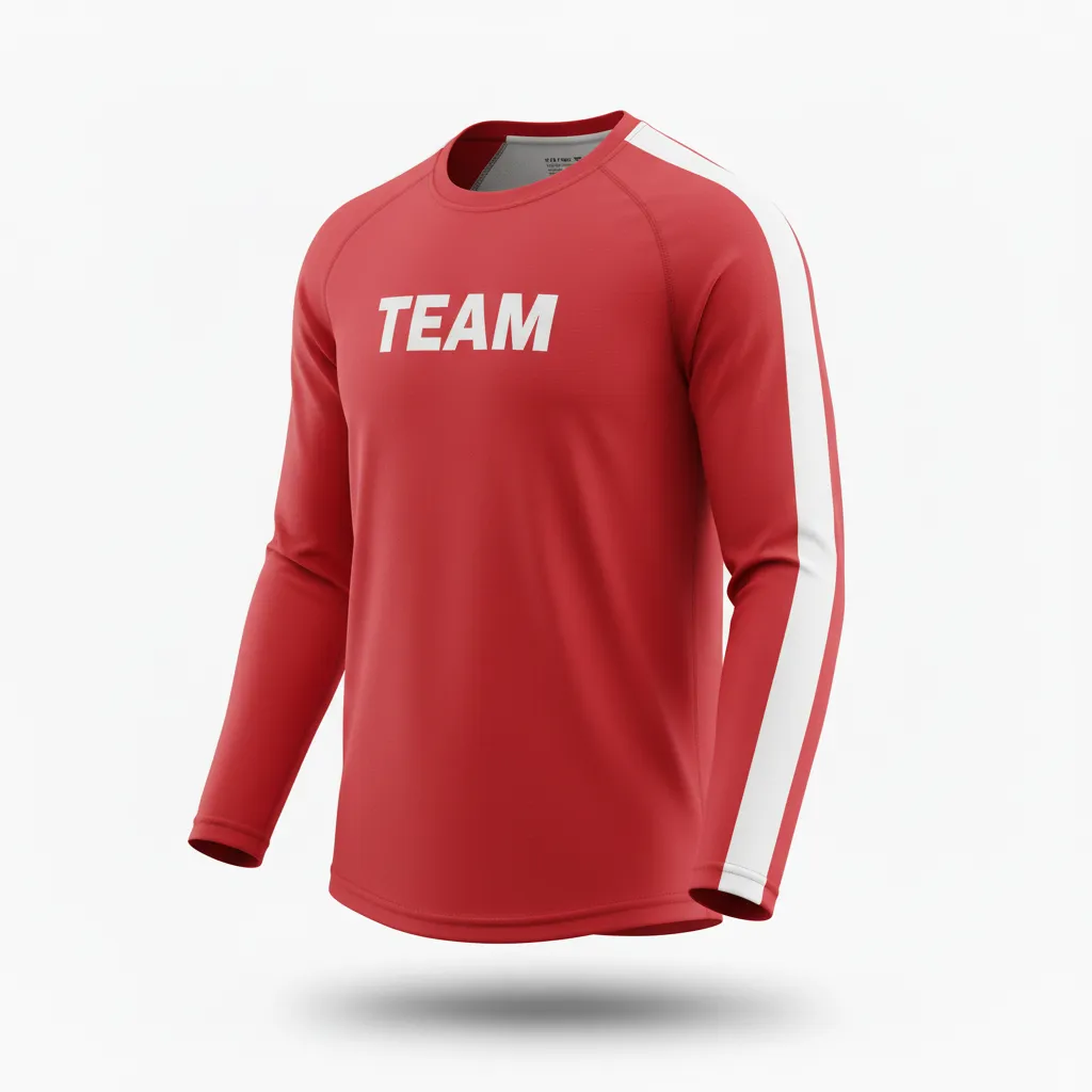Custom Volleyball Long Sleeve T Shirt - Red, White - Long Sleeve Training Tee Athletic Racing Stripe - Front View - HAMCO Sports Inc.