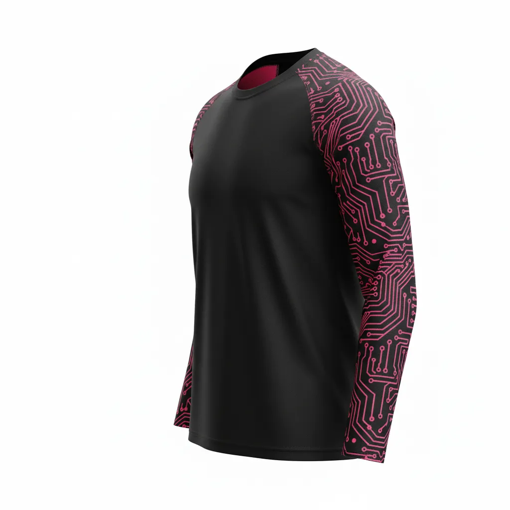 Custom Volleyball Long Sleeve T Shirt - Black - Long Sleeve Training Tee Neon Pink Circuit Pattern - Side View - HAMCO Sports Inc.