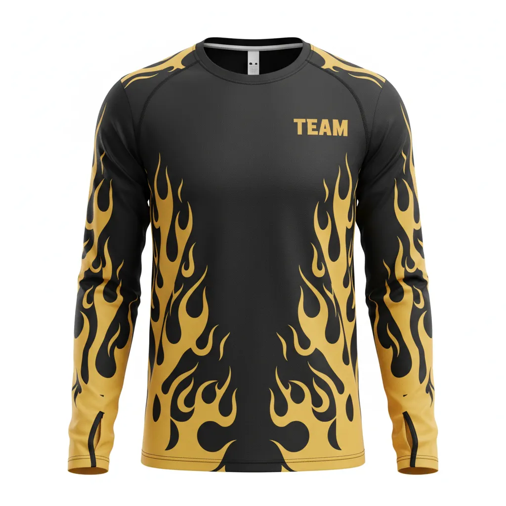 Custom Volleyball Long Sleeve T Shirt - Black, Gold - Long Sleeve Training Tee Vegas Flame Design - Front View - HAMCO Sports Inc.