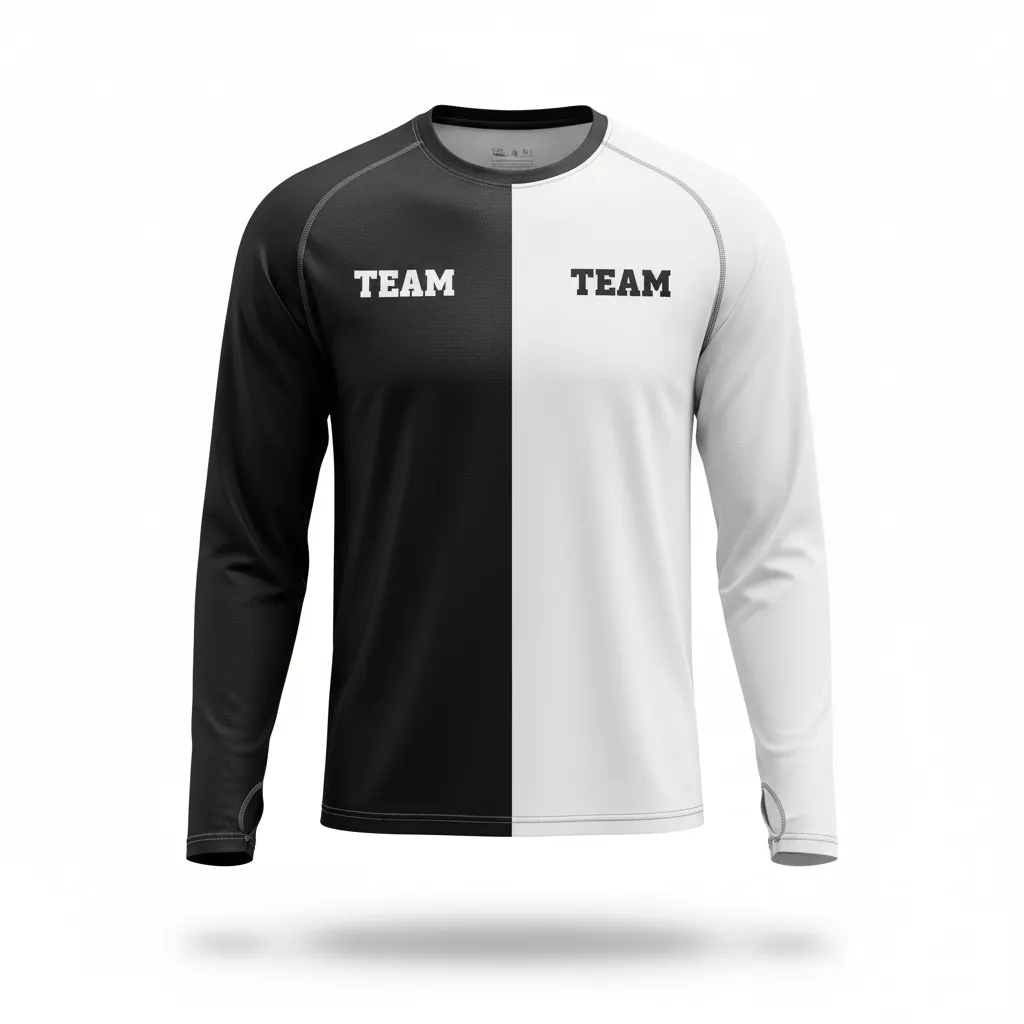 Custom Volleyball Long Sleeve T Shirt - Black, White - Long Sleeve Training Tee Half And Half - Front View - HAMCO Sports Inc.