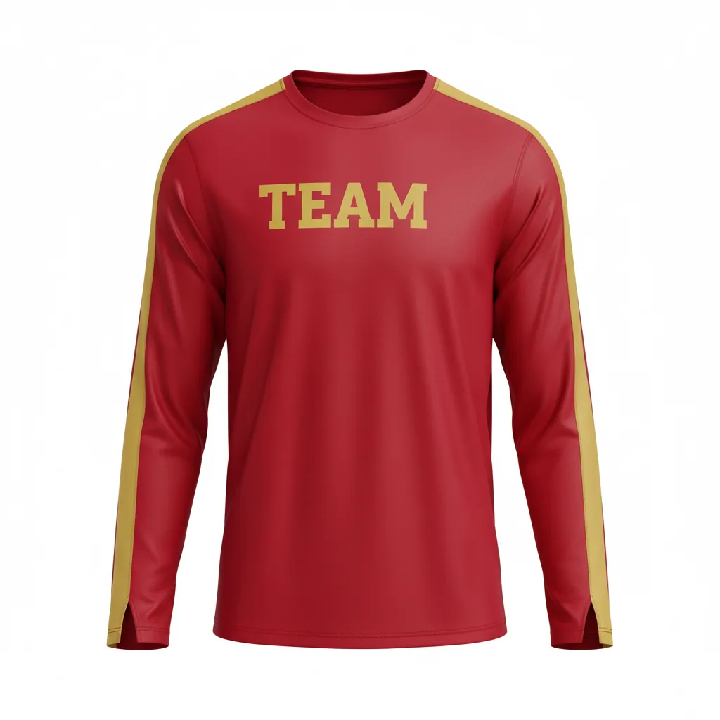 Custom Volleyball Long Sleeve T Shirt - Red, Gold - Long Sleeve Training Tee Cardinal Vegas Warrior Stripe - Front View - HAMCO Sports Inc.