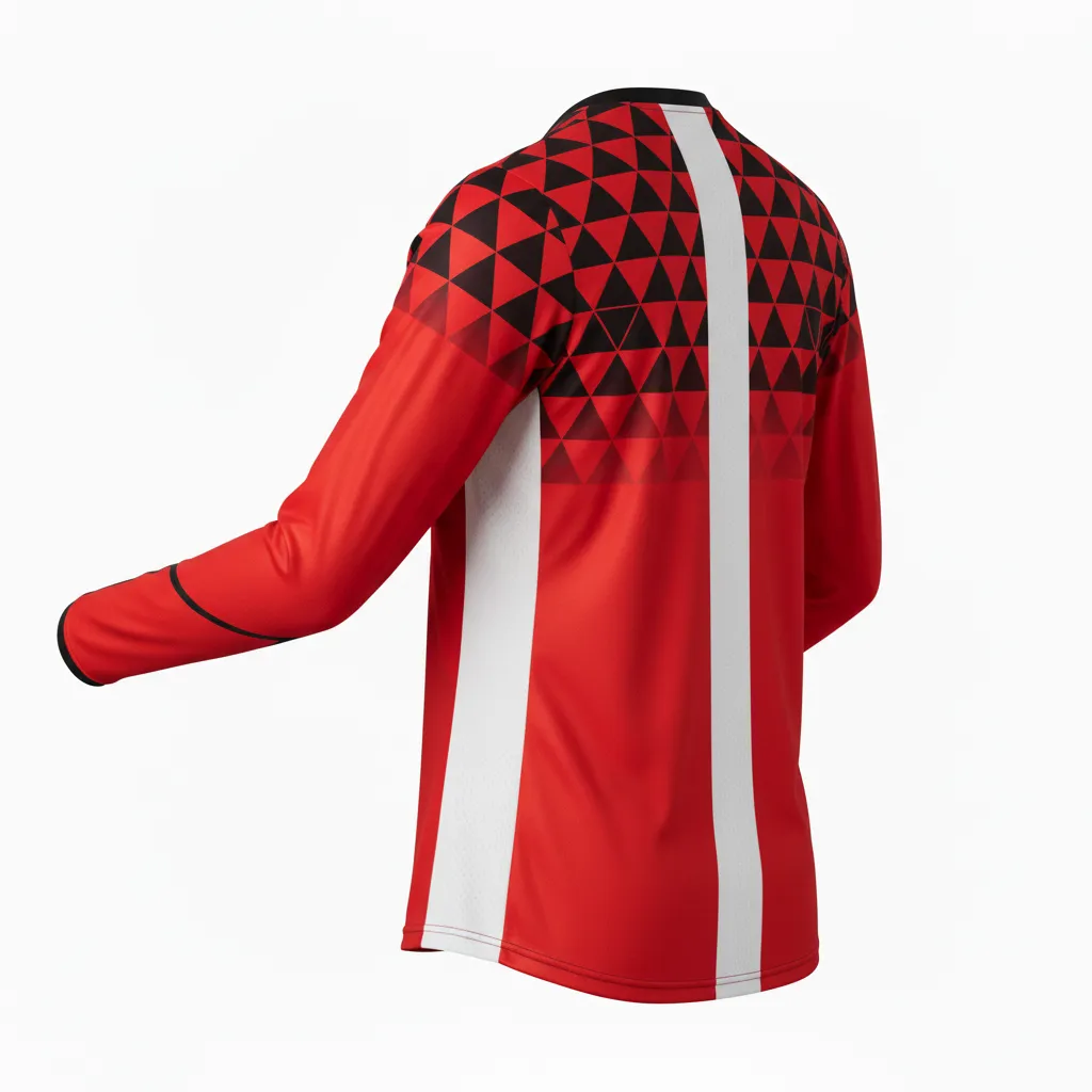 Custom Volleyball Long Sleeve Volleyball Jersey - Red, Black - Long Sleeve Jersey Athletic Geometric Triangles - Back View - HAMCO Sports Inc.