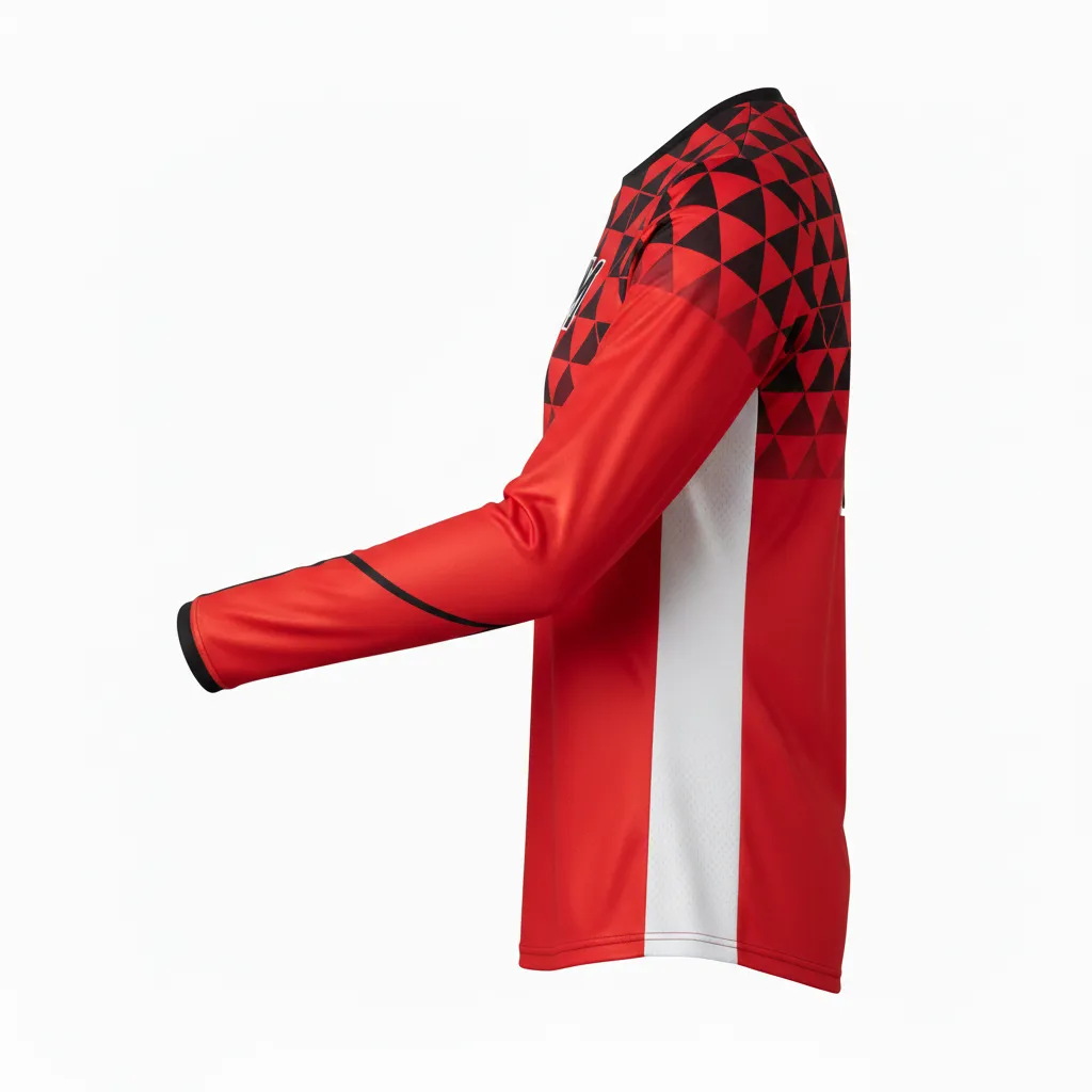 Custom Volleyball Long Sleeve Volleyball Jersey - Red, Black - Long Sleeve Jersey Athletic Geometric Triangles - Side View - HAMCO Sports Inc.