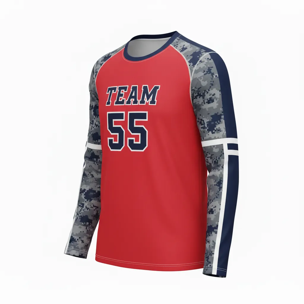 Custom Volleyball Long Sleeve Volleyball Jersey - Red, Grey - Long Sleeve Jersey Athletic Camo Pattern - Front View - HAMCO Sports Inc.