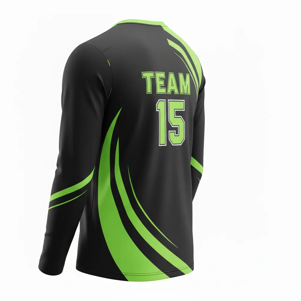 Custom Volleyball Long Sleeve Volleyball Jersey - Black, Green - Long Sleeve Jersey Neon Wave Pattern - Back View - HAMCO Sports Inc.