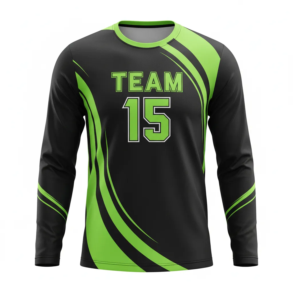 Custom Volleyball Long Sleeve Volleyball Jersey - Black, Green - Long Sleeve Jersey Neon Wave Pattern - Front View - HAMCO Sports Inc.