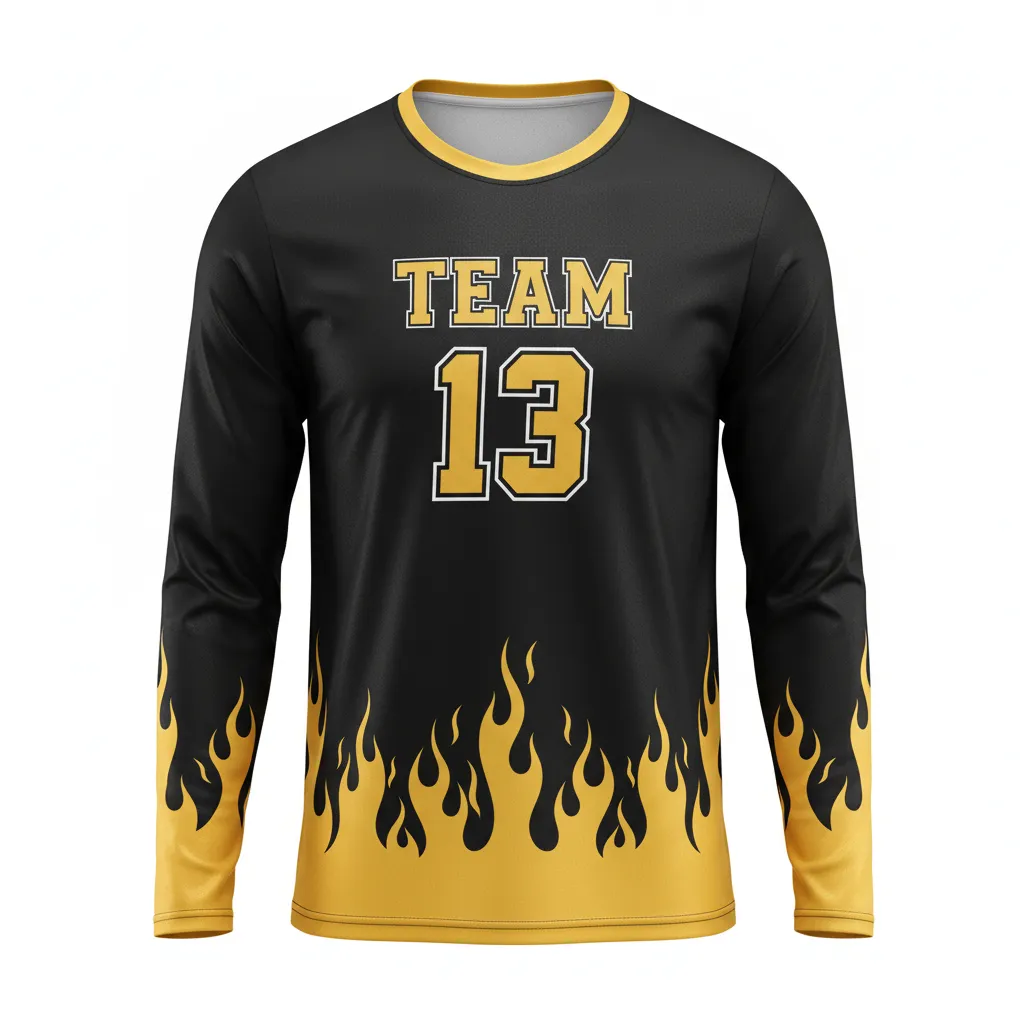 Custom Volleyball Long Sleeve Volleyball Jersey - Black, Gold - Long Sleeve Jersey Vegas Flame Design - Front View - HAMCO Sports Inc.