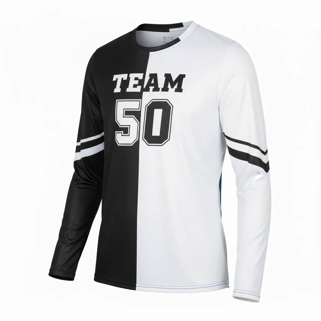 Custom Volleyball Long Sleeve Volleyball Jersey - Black, White - Long Sleeve Jersey Half And Half - Front View - HAMCO Sports Inc.