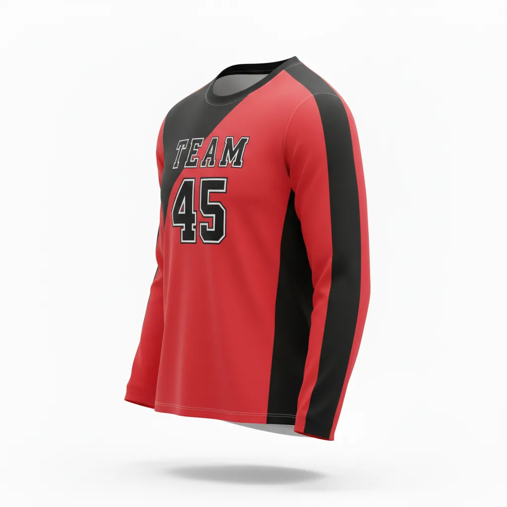 Custom Volleyball Long Sleeve Volleyball Jersey - Red, Black - Long Sleeve Jersey Cardinal Slash Design - Front View - HAMCO Sports Inc.