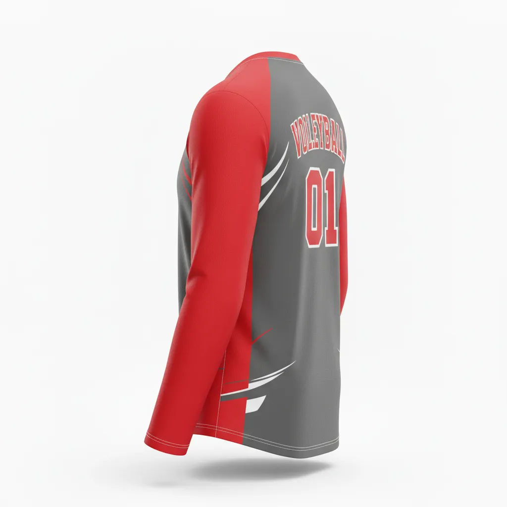 Custom Volleyball Long Sleeve Volleyball Jersey - Grey, Red - Long Sleeve Jersey Charcoal Athletic Side Stripe - Back View - HAMCO Sports Inc.