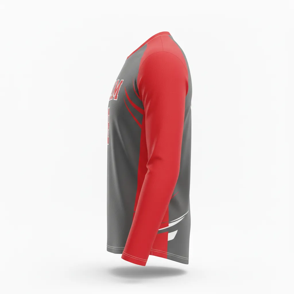 Custom Volleyball Long Sleeve Volleyball Jersey - Grey, Red - Long Sleeve Jersey Charcoal Athletic Side Stripe - Side View - HAMCO Sports Inc.