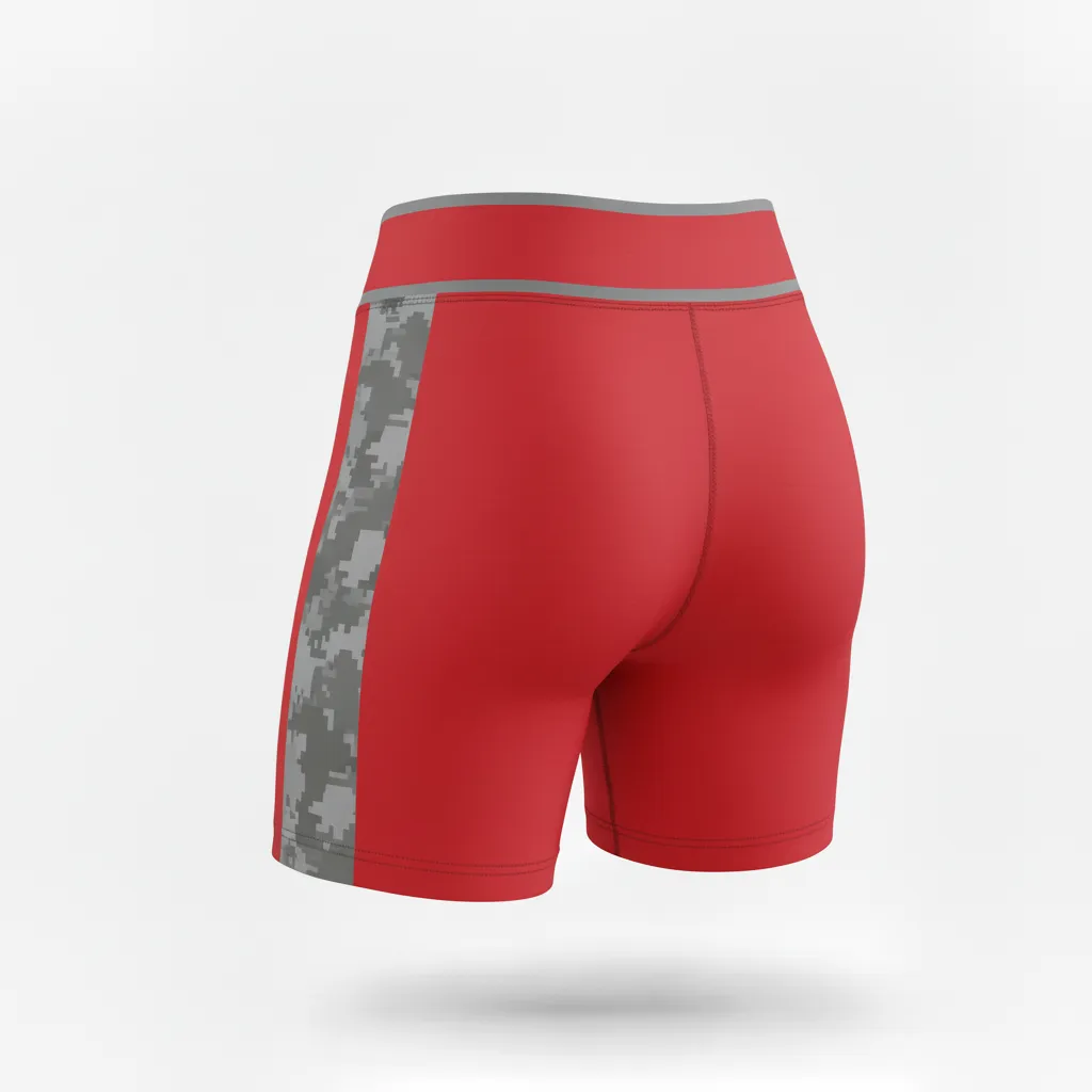 Custom Volleyball Poly Spandex Shorts - Red, Grey - Poly Spandex Shorts Athletic Camo Pattern - Back View - HAMCO Sports Inc.