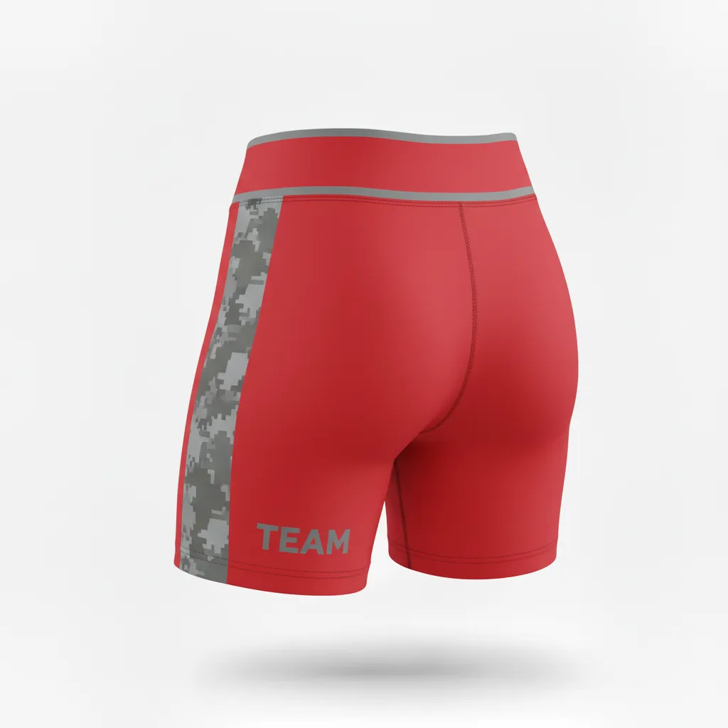 Custom Volleyball Poly Spandex Shorts - Red, Grey - Poly Spandex Shorts Athletic Camo Pattern - Front View - HAMCO Sports Inc.