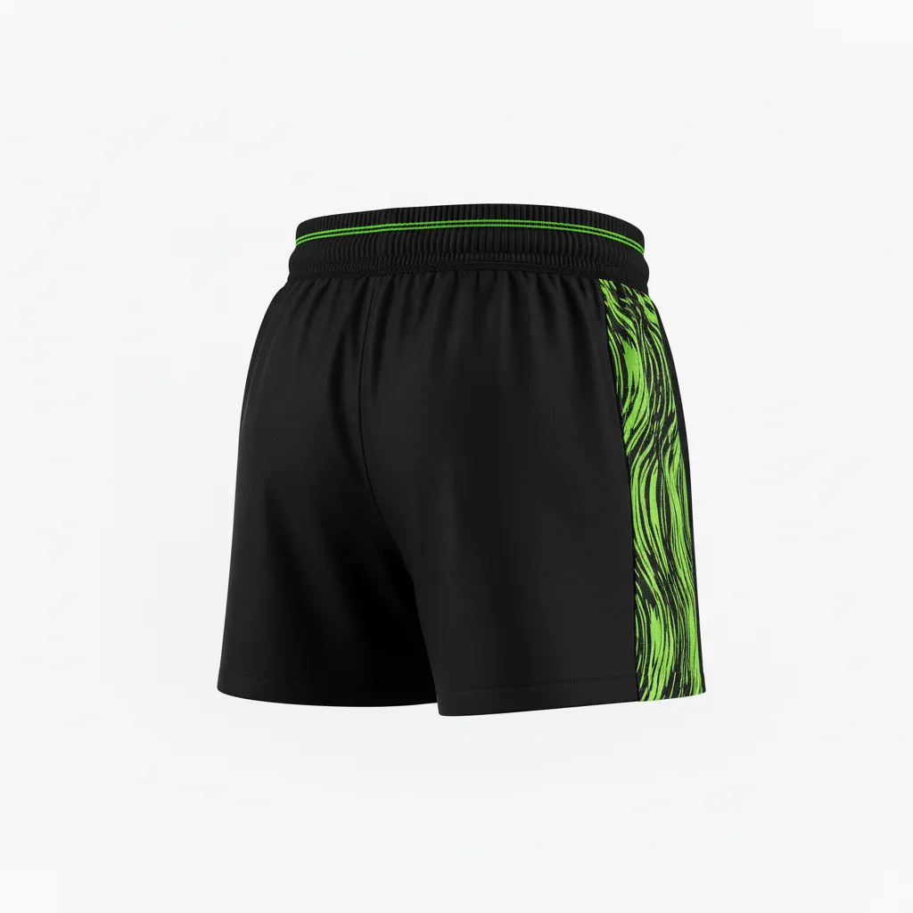 Custom Volleyball Poly Spandex Shorts - Black, Green - Poly Spandex Shorts Neon Wave Pattern - Back View - HAMCO Sports Inc.
