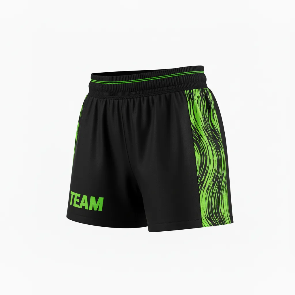 Custom Volleyball Poly Spandex Shorts - Black, Green - Poly Spandex Shorts Neon Wave Pattern - Front View - HAMCO Sports Inc.