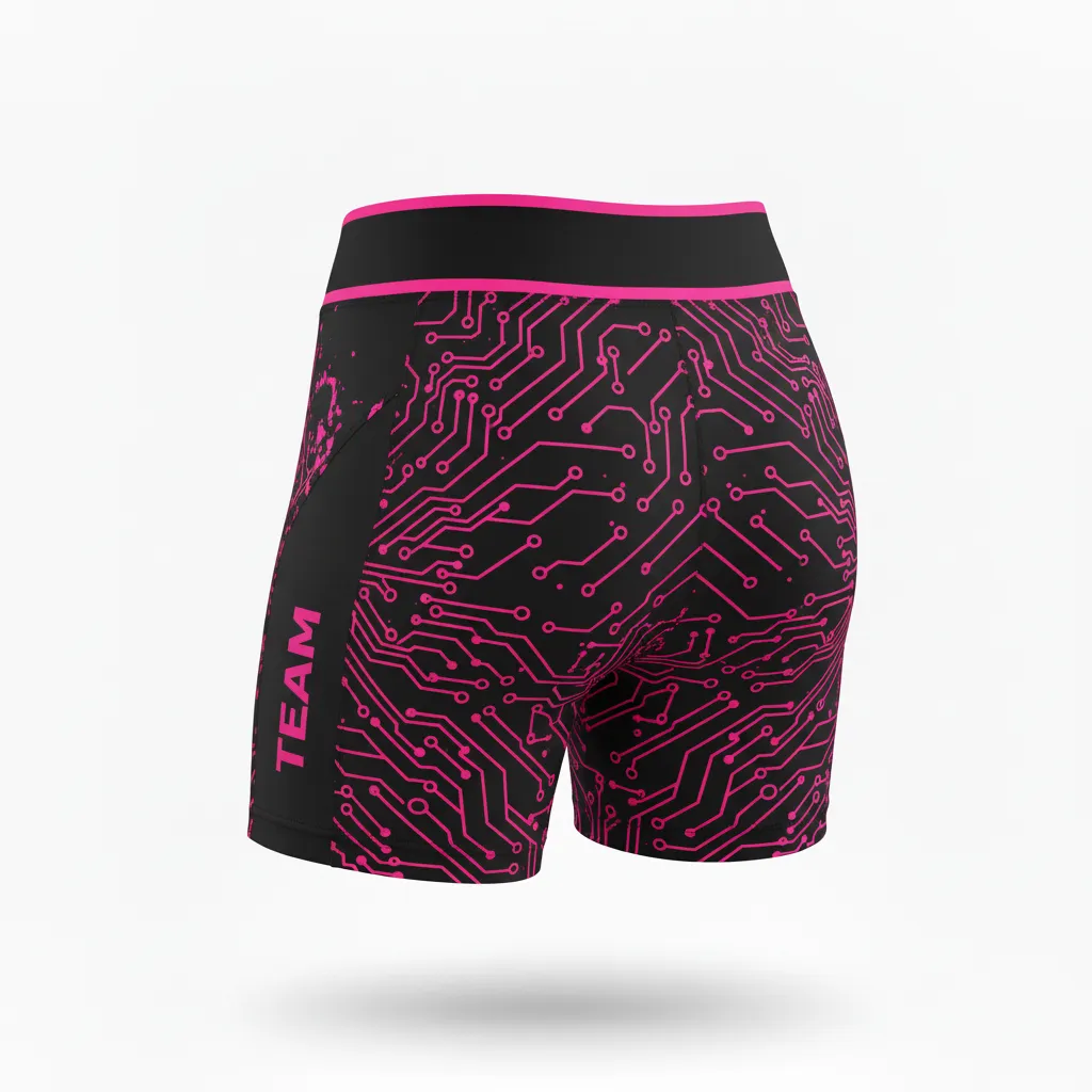 Custom Volleyball Poly Spandex Shorts - Black - Poly Spandex Shorts Neon Pink Circuit Pattern - Front View - HAMCO Sports Inc.