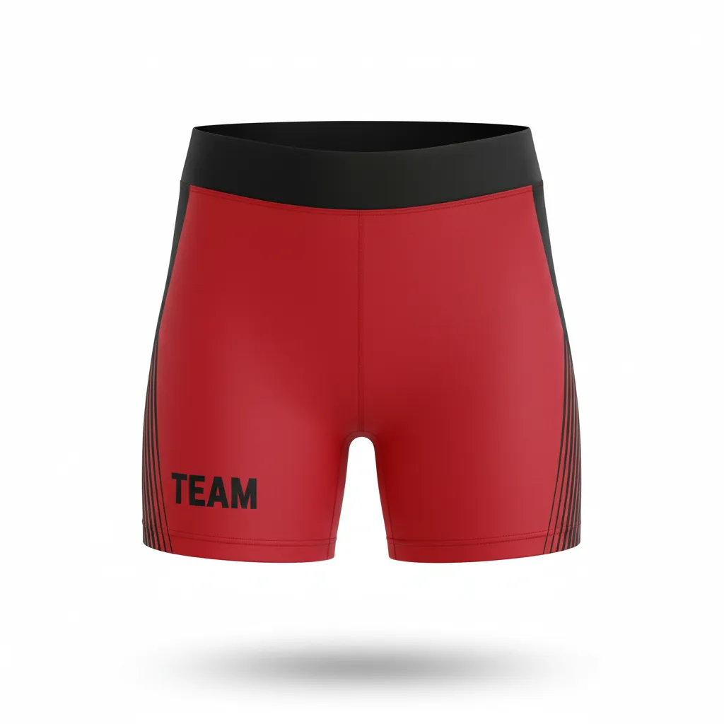 Custom Volleyball Poly Spandex Shorts - Red, Black - Poly Spandex Shorts Cardinal Slash Design - Front View - HAMCO Sports Inc.