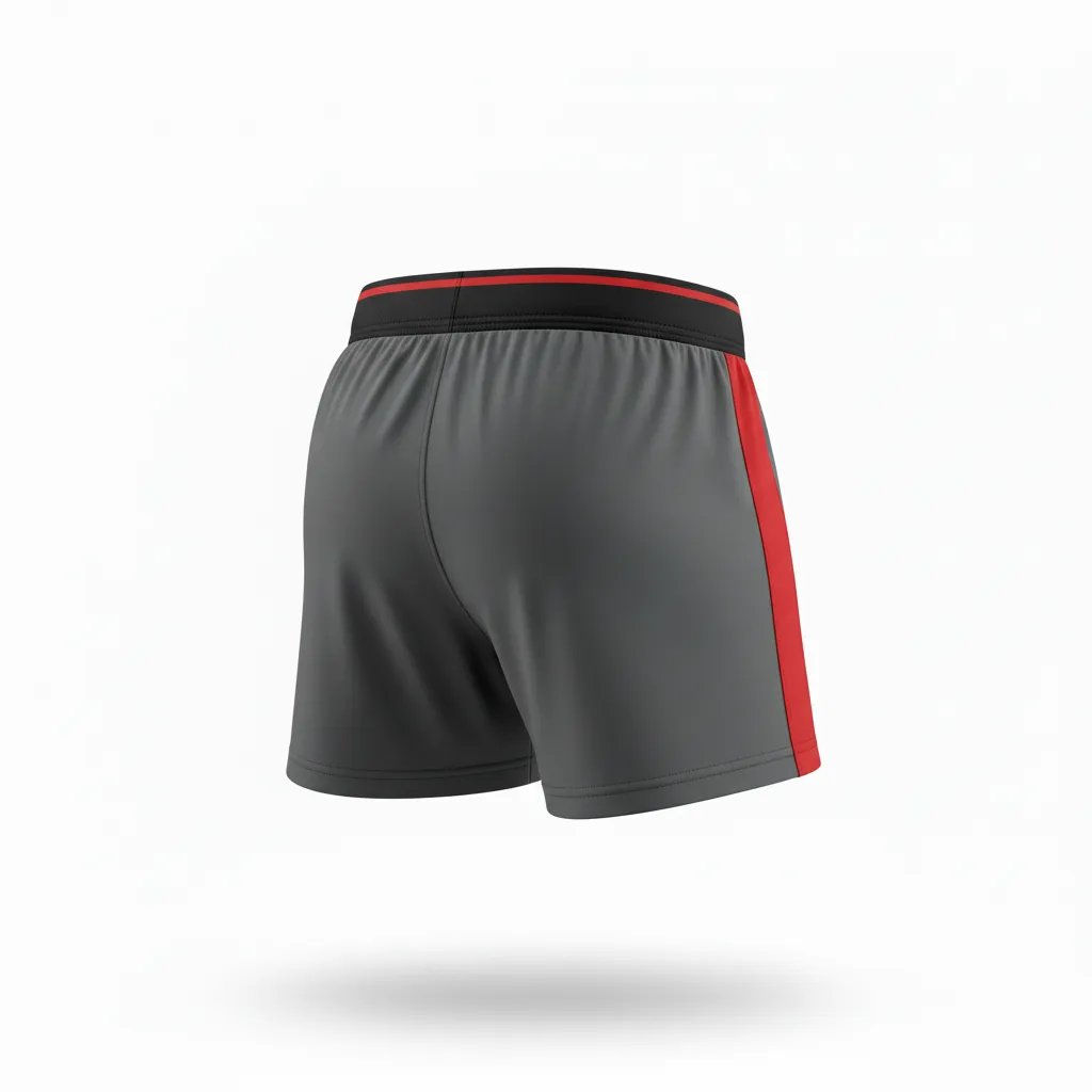 Custom Volleyball Poly Spandex Shorts - Grey, Red - Poly Spandex Shorts Charcoal Athletic Side Stripe - Back View - HAMCO Sports Inc.