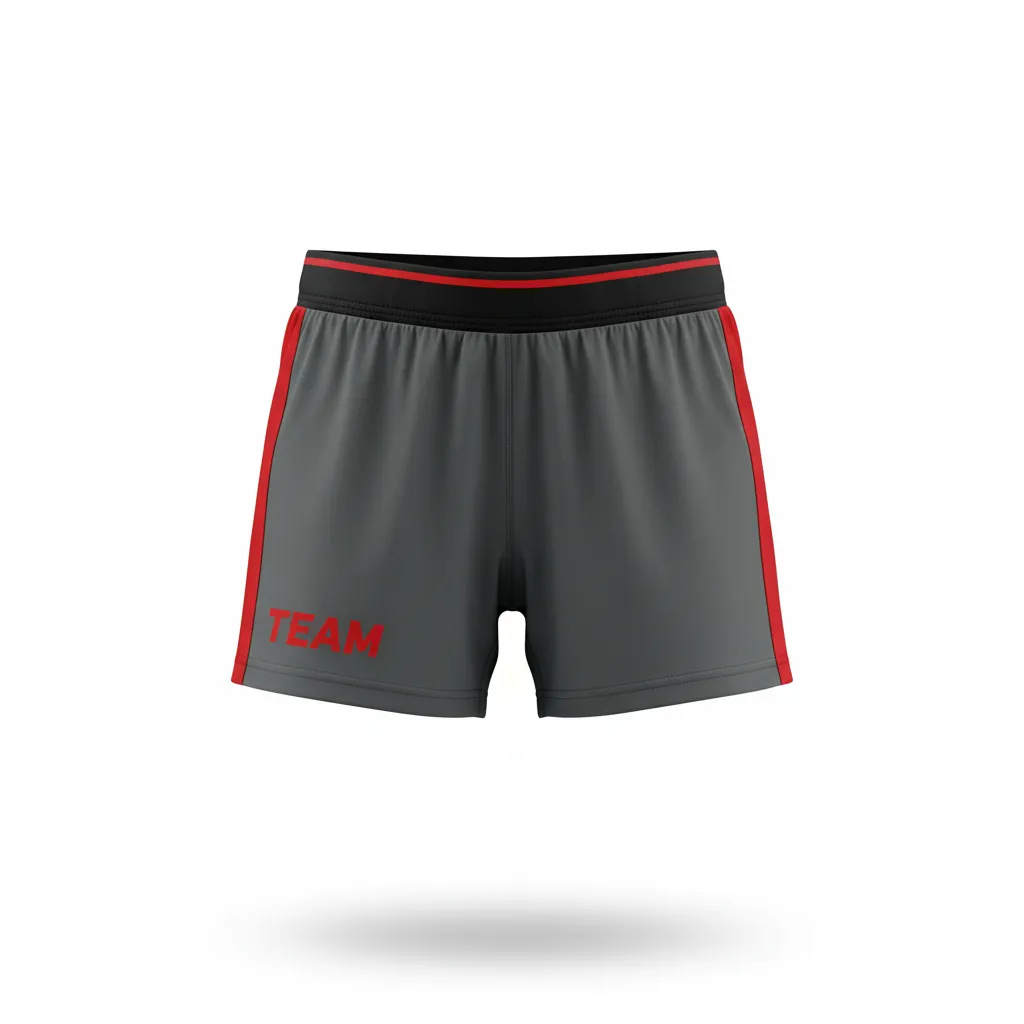 Custom Volleyball Poly Spandex Shorts - Grey, Red - Poly Spandex Shorts Charcoal Athletic Side Stripe - Front View - HAMCO Sports Inc.
