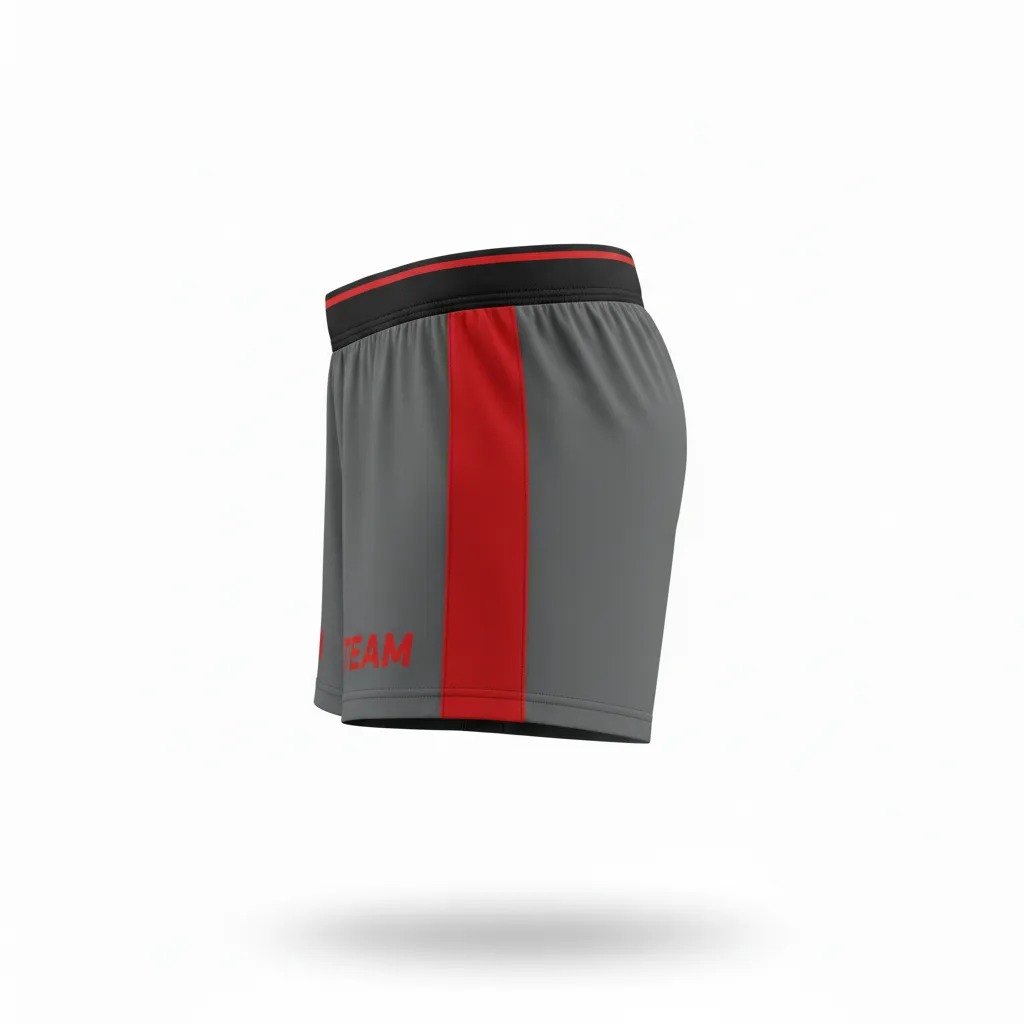 Custom Volleyball Poly Spandex Shorts - Grey, Red - Poly Spandex Shorts Charcoal Athletic Side Stripe - Side View - HAMCO Sports Inc.