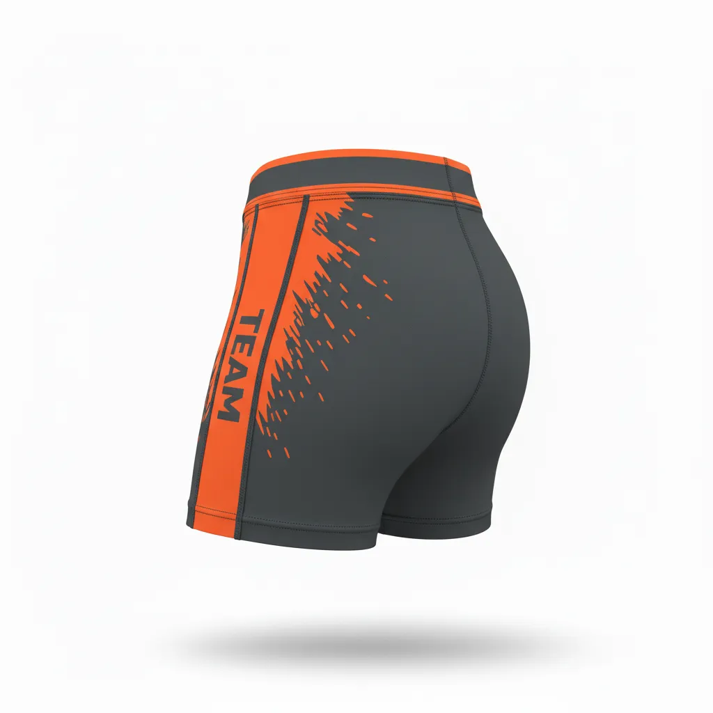 Custom Volleyball Poly Spandex Shorts - Grey, Orange - Poly Spandex Shorts Charcoal Neon Burst - Back View - HAMCO Sports Inc.