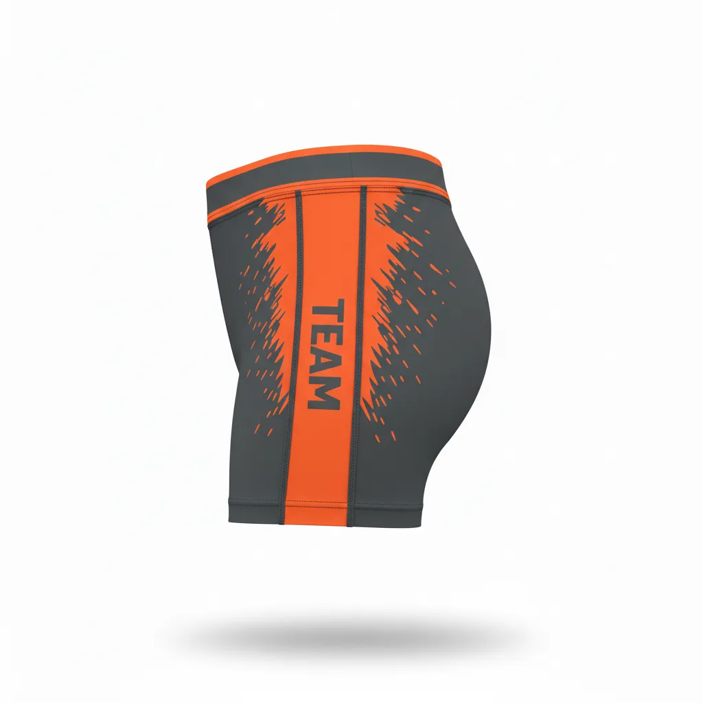 Custom Volleyball Poly Spandex Shorts - Grey, Orange - Poly Spandex Shorts Charcoal Neon Burst - Side View - HAMCO Sports Inc.