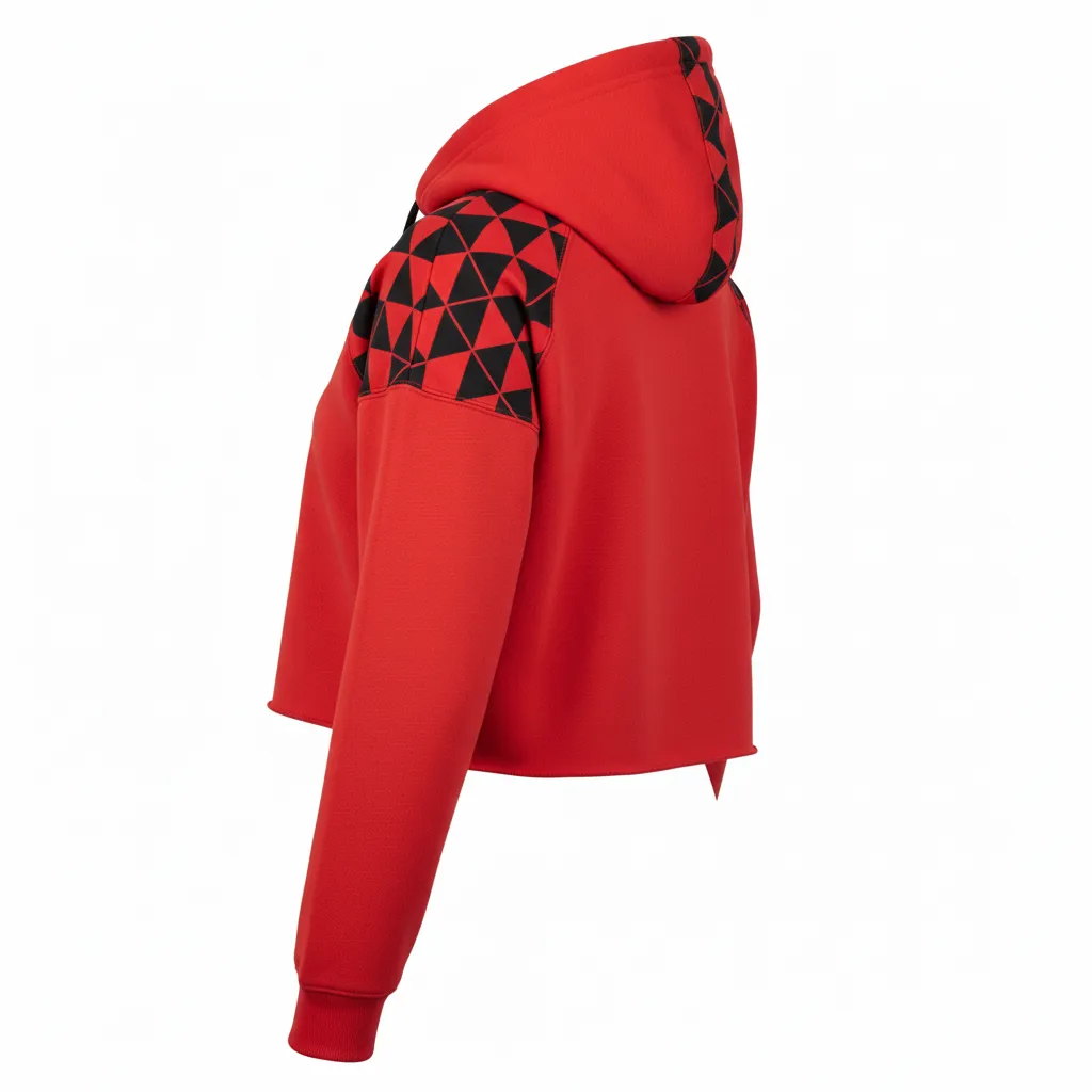 Custom Volleyball Pullover Hoodie - Red, Black - Crop Hoodie Athletic Geometric Triangles - Back View - HAMCO Sports Inc.