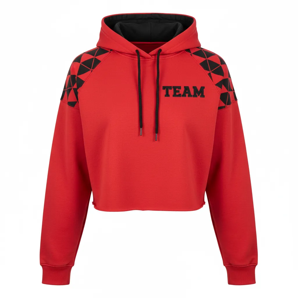 Custom Volleyball Pullover Hoodie - Red, Black - Crop Hoodie Athletic Geometric Triangles - Front View - HAMCO Sports Inc.