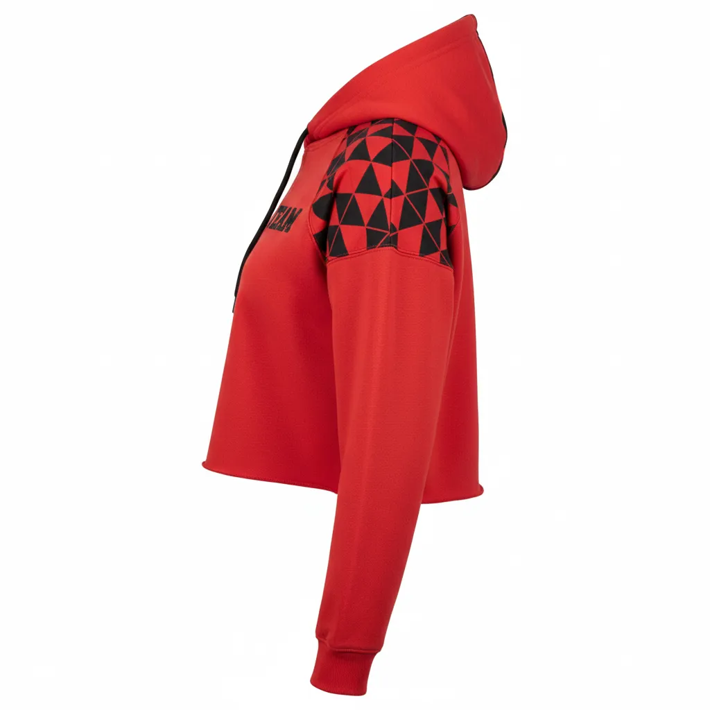Custom Volleyball Pullover Hoodie - Red, Black - Crop Hoodie Athletic Geometric Triangles - Side View - HAMCO Sports Inc.