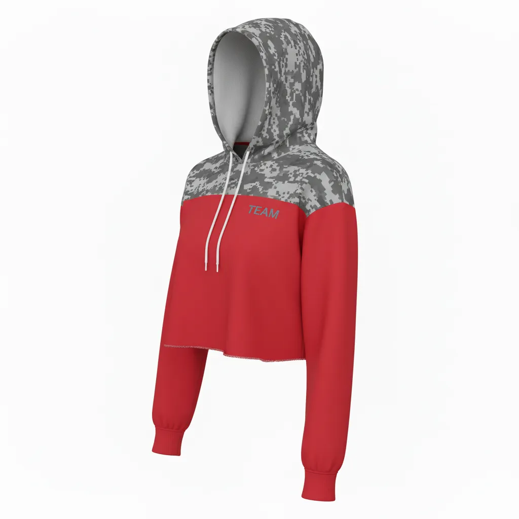 Custom Volleyball Pullover Hoodie - Red, Grey - Crop Hoodie Athletic Camo Pattern - Front View - HAMCO Sports Inc.